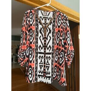 Chico’s sheer patterned blouse wood bead v neck 2